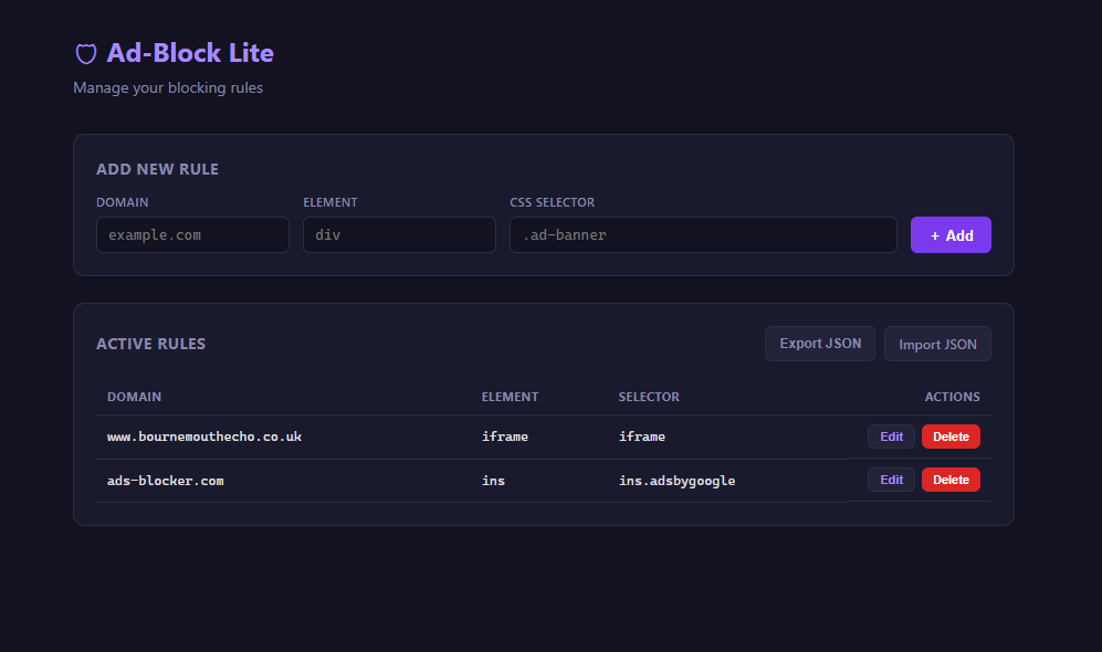 Options dashboard to manually add/delete rules